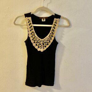 Black Tank Top With Tan Crochet Metal Beaded Bib Size XS